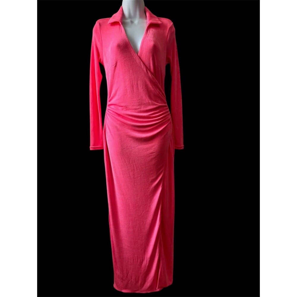 NEW Seroya ELM DRESS Neon Pink Long Sleeeve Body- con V-neck Stretch Size Small